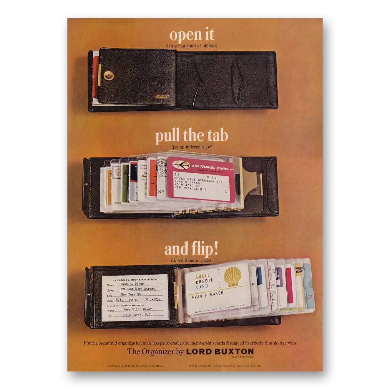 1966 Buxton Billfold Lord Buxton Organizer Wallet Open It Pull the Tab and Flip Vintage Magazine Print Ad