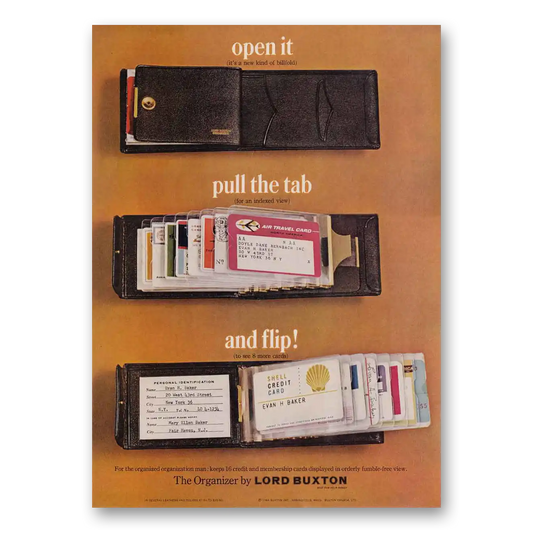 1966 Buxton Billfold Lord Buxton Organizer Wallet Open It Pull the Tab and Flip Vintage Magazine Print Ad