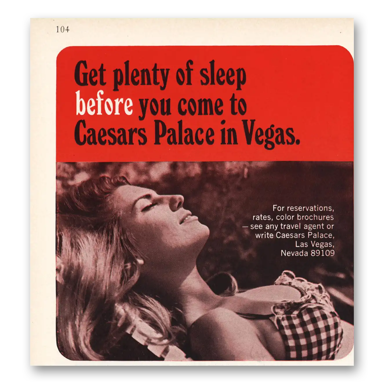 1967 Caesars Palace Get Plenty of Sleep Vintage Magazine Print Ad