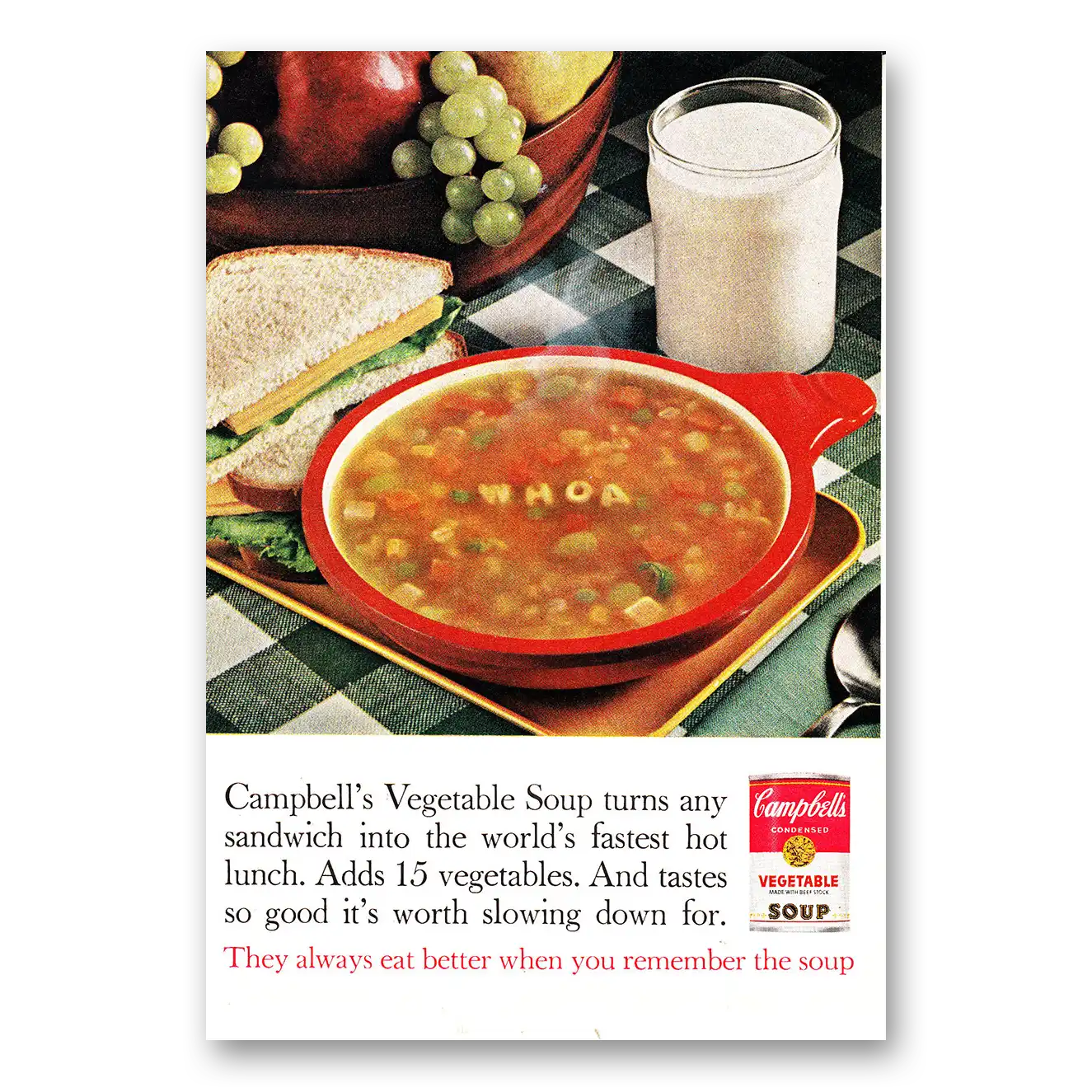 1966 Campbells Vegetable Soup Whoa Vintage Magazine Print Ad