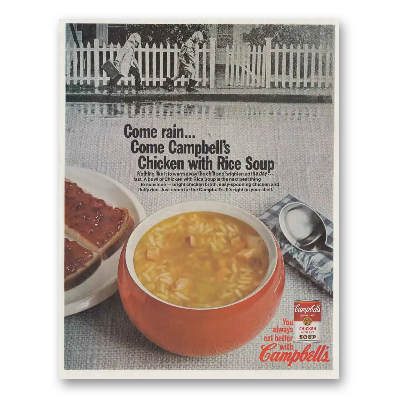 1966 Campbells Chicken with Rice Soup Come Rain Vintage Magazine Print Ad