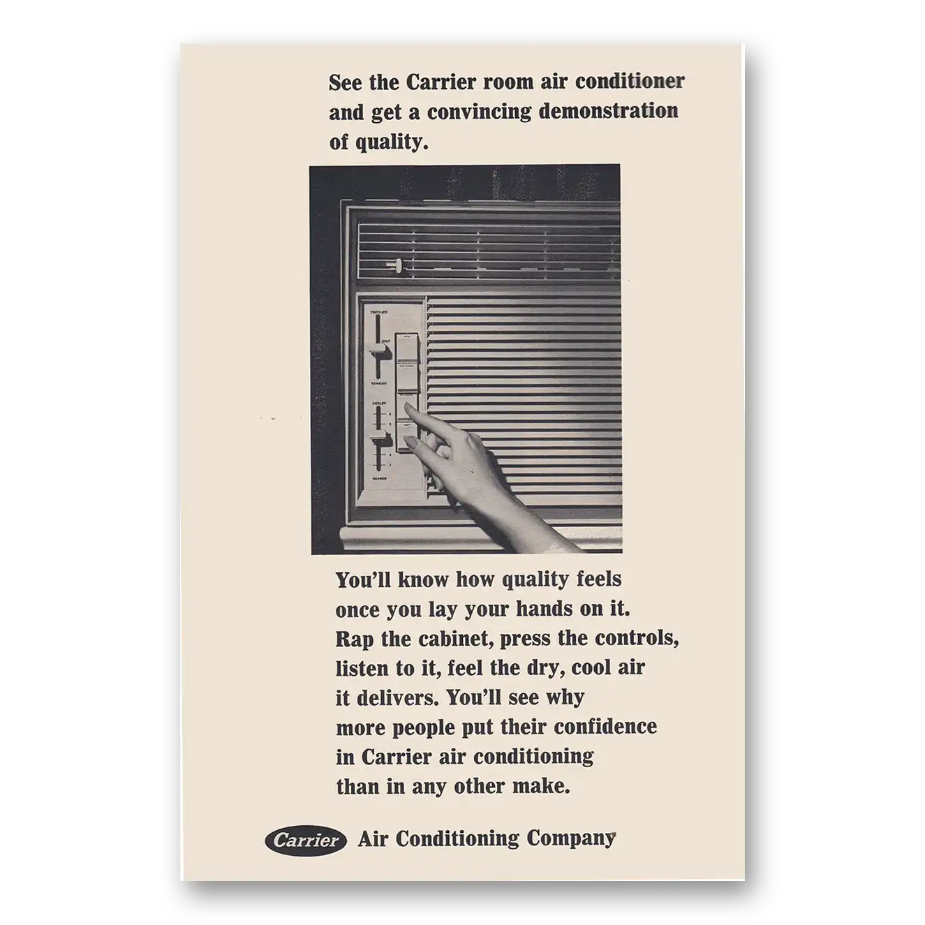 1966 Carrier Air Conditioning Convincing Demonstration of Quality Vintage Magazine Print Ad