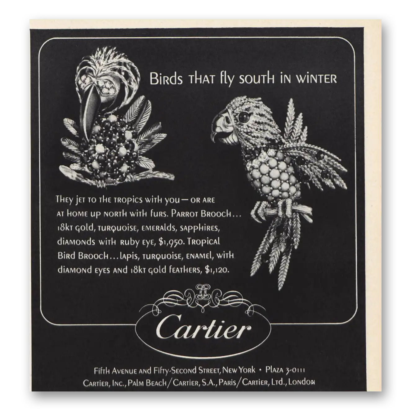 1966 Cartier Birds That Fly South In Winter Vintage Magazine Print Ad