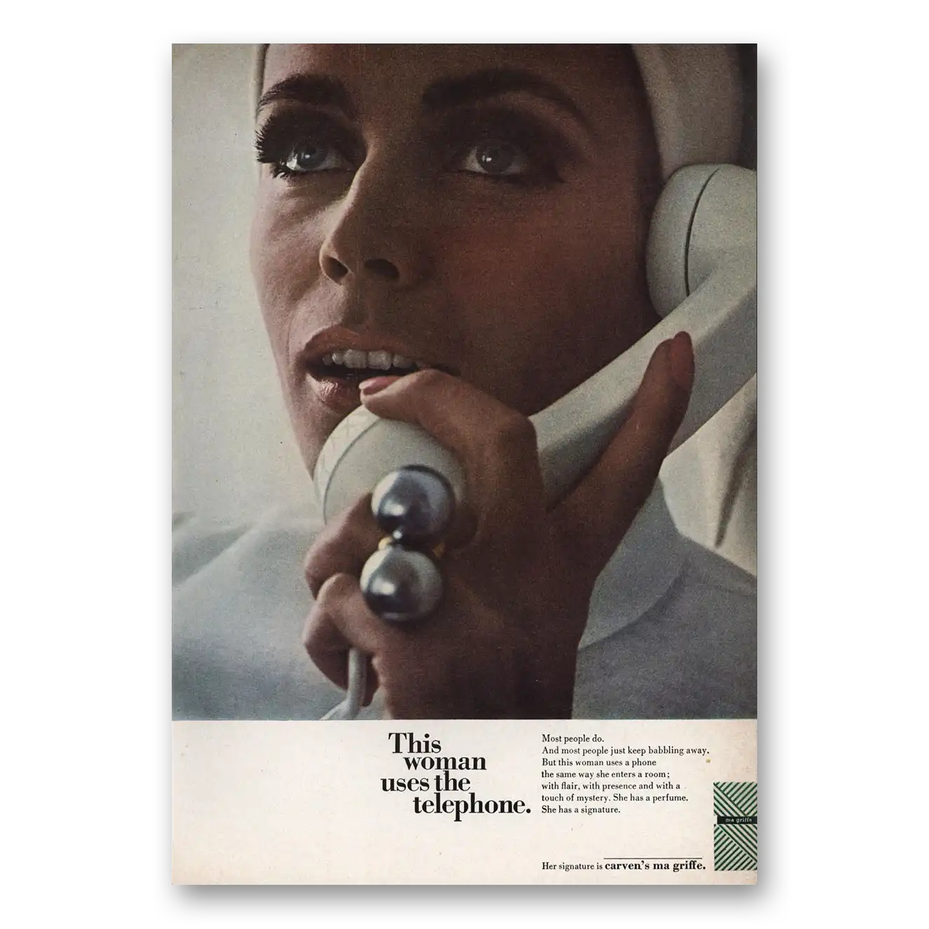 1966 Ma Griffe Perfume Woman Uses the Telephone Vintage Magazine Print Ad