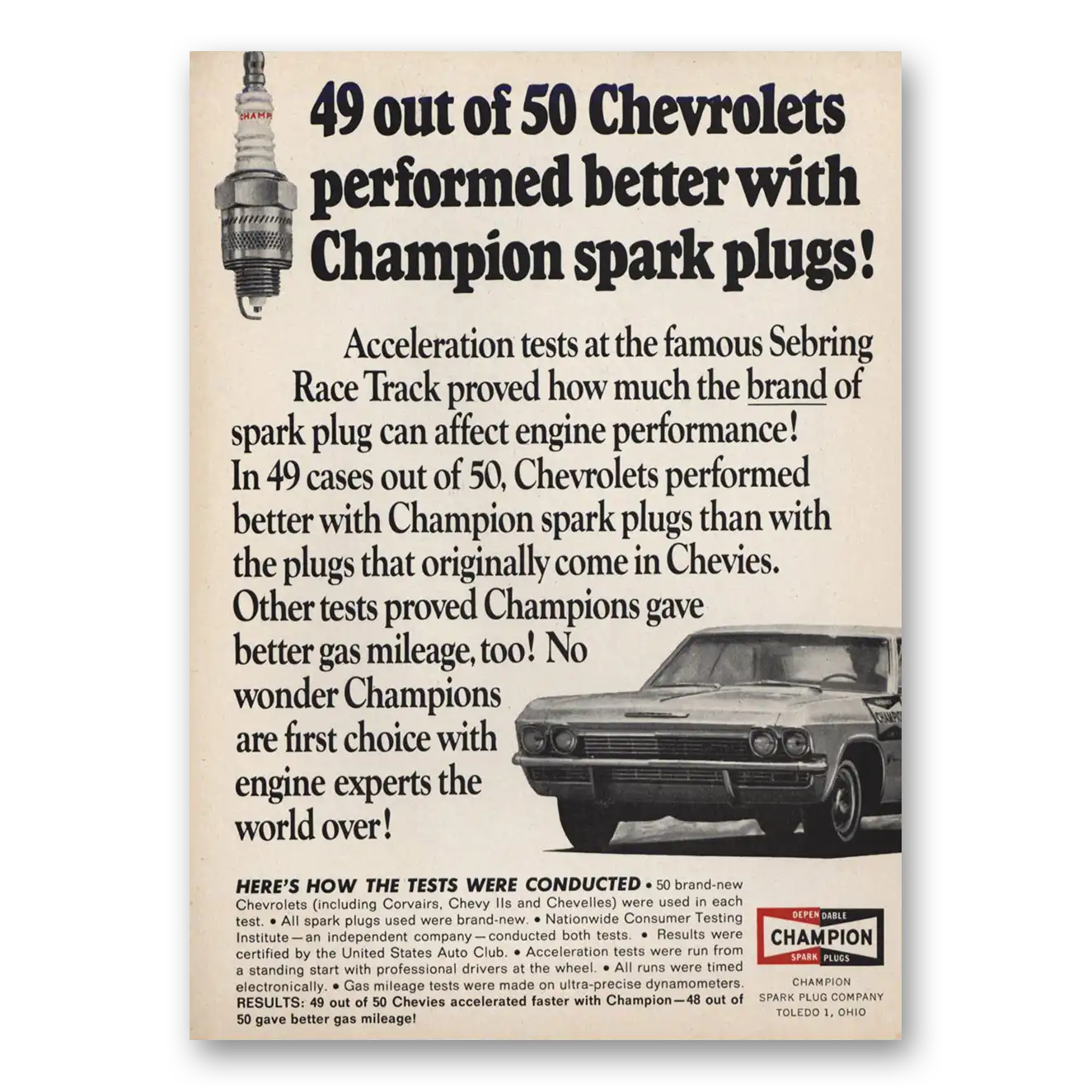 1966 Champion Spark Plugs 49 Out of 50 Chevrolets Vintage Magazine Print Ad