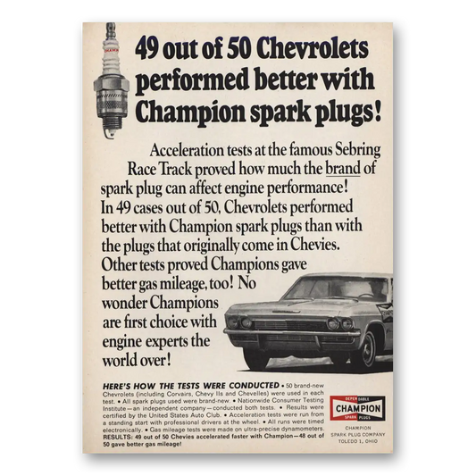 1966 Champion Spark Plugs 49 Out of 50 Chevrolets Vintage Magazine Print Ad