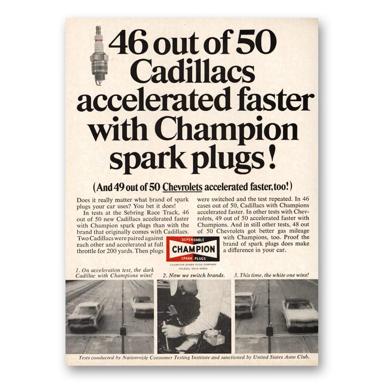 1966 Champion Spark Plugs Cadillacs Accelerated Faster Vintage Magazine Print Ad