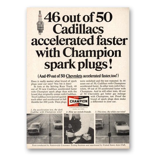 1966 Champion Spark Plugs Cadillacs Accelerated Faster Vintage Magazine Print Ad