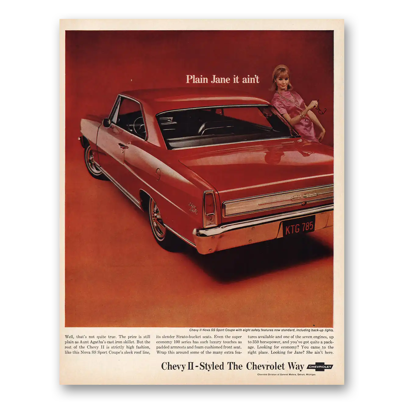 1966 Chevrolet Chevy II Nova SS Sport Coupe Plain Jane Vintage Magazine Print Ad