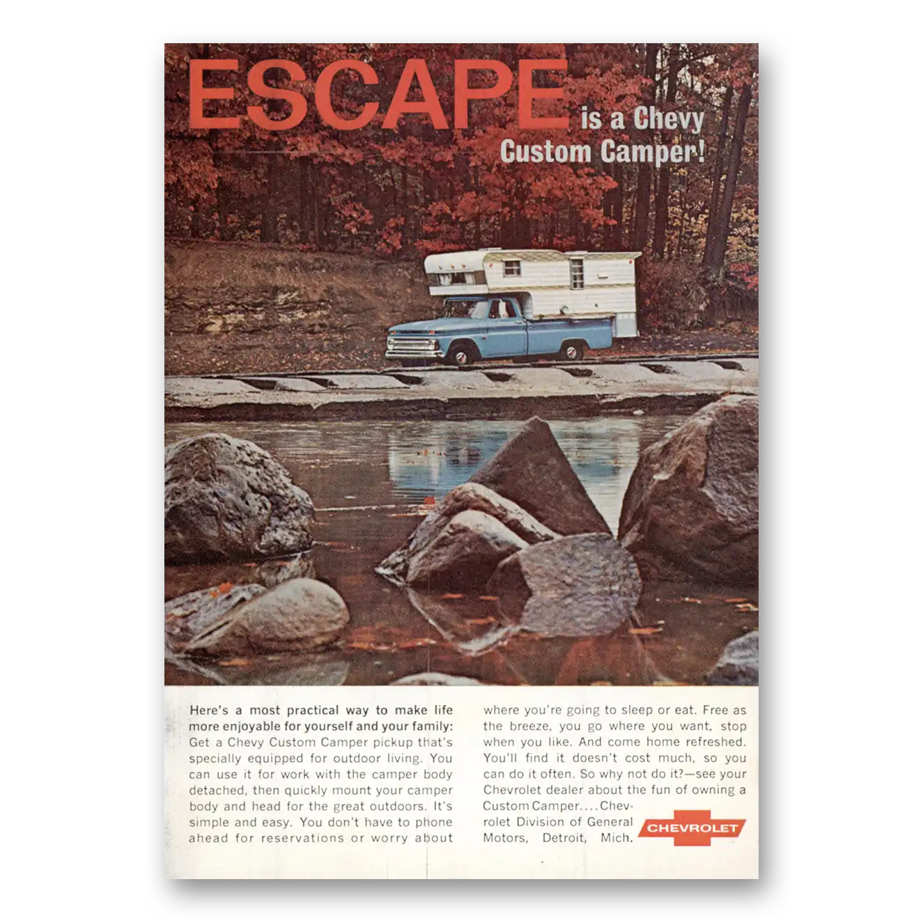 1966 Chevrolet Custom Camper Escape Is a Chevy Vintage Magazine Print Ad