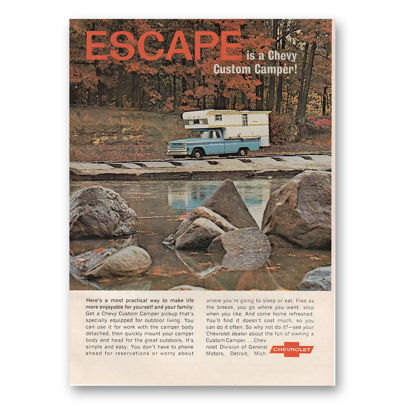 1966 Chevrolet Custom Camper Escape Is a Chevy Custom Camper Vintage Magazine Print Ad