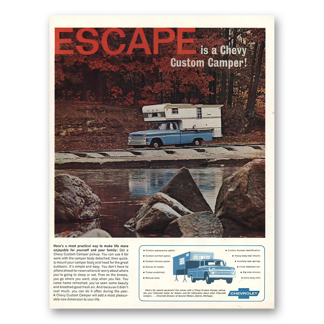 1966 Chevrolet Custom Camper Escape Vintage Magazine Print Ad