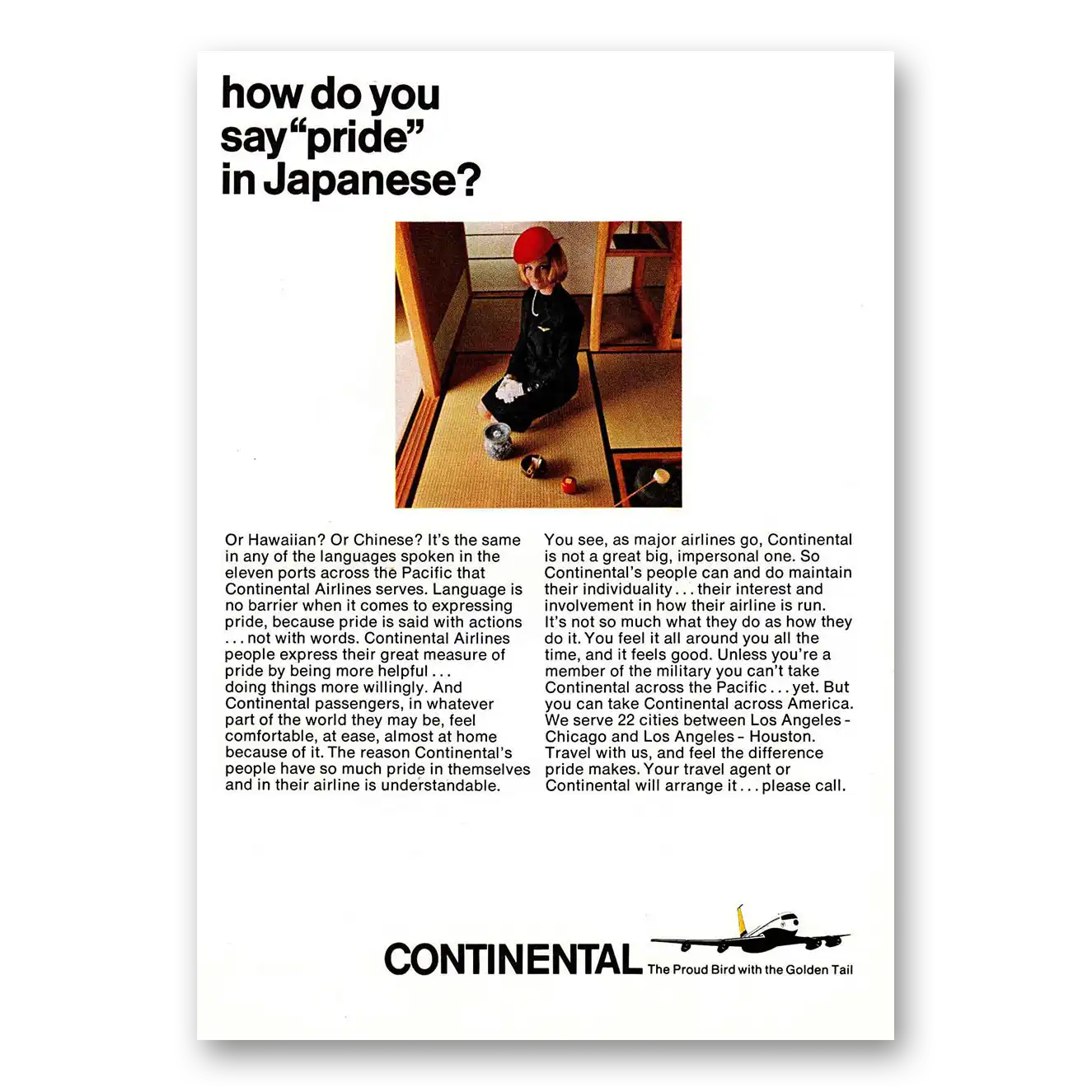 1966 Continental Airlines Pride in Japanese Vintage Magazine Print Ad