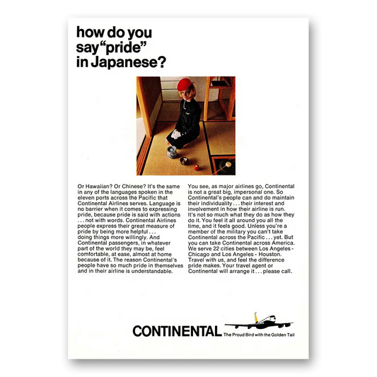 1966 Continental Airlines Pride in Japanese Vintage Magazine Print Ad