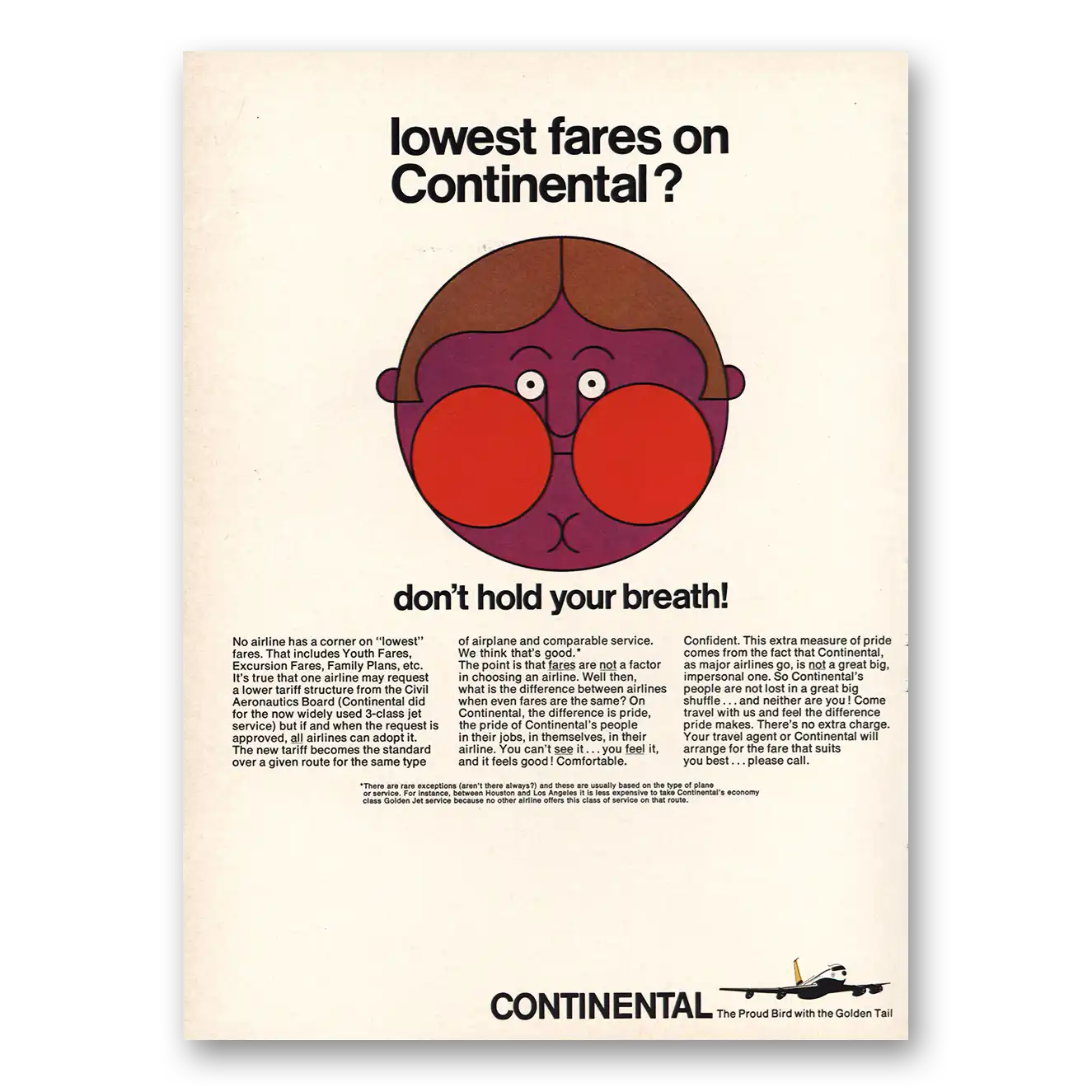 1966 Continental Airlines Don’t Hold Your Breath Vintage Magazine Print Ad