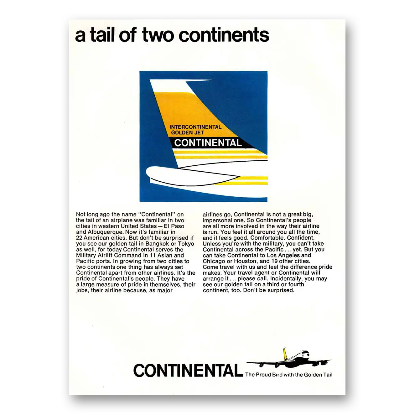 1966 Continental Airlines Tail of Two Continents Vintage Magazine Print Ad