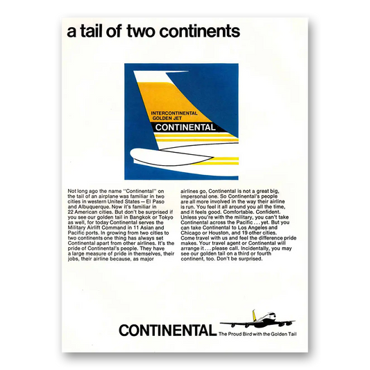 1966 Continental Airlines Tail of Two Continents Vintage Magazine Print Ad