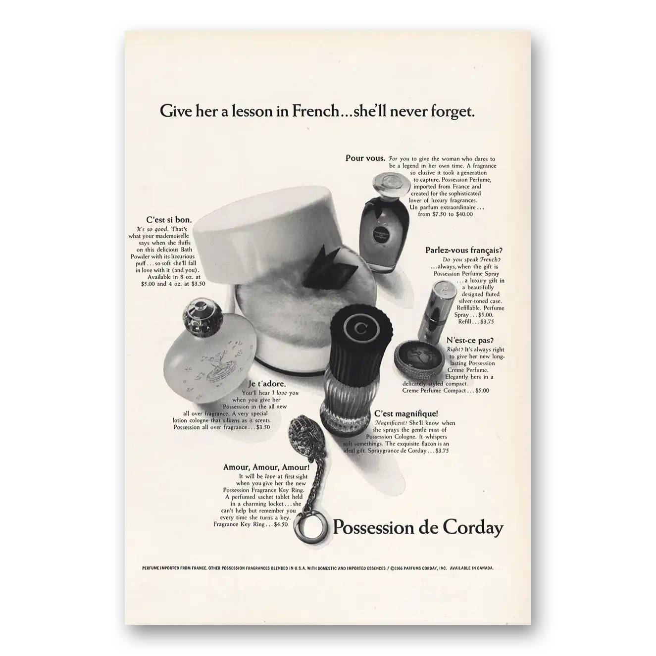 1966 Parfums Corday Give Her Lesson In French Vintage Magazine Print Ad