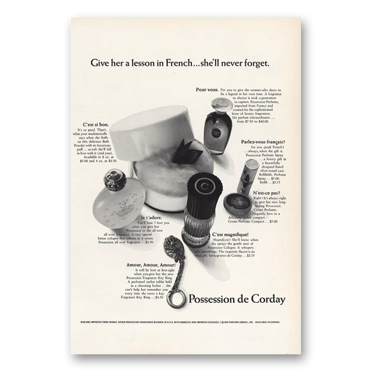 1966 Parfums Corday Give Her Lesson In French Vintage Magazine Print Ad