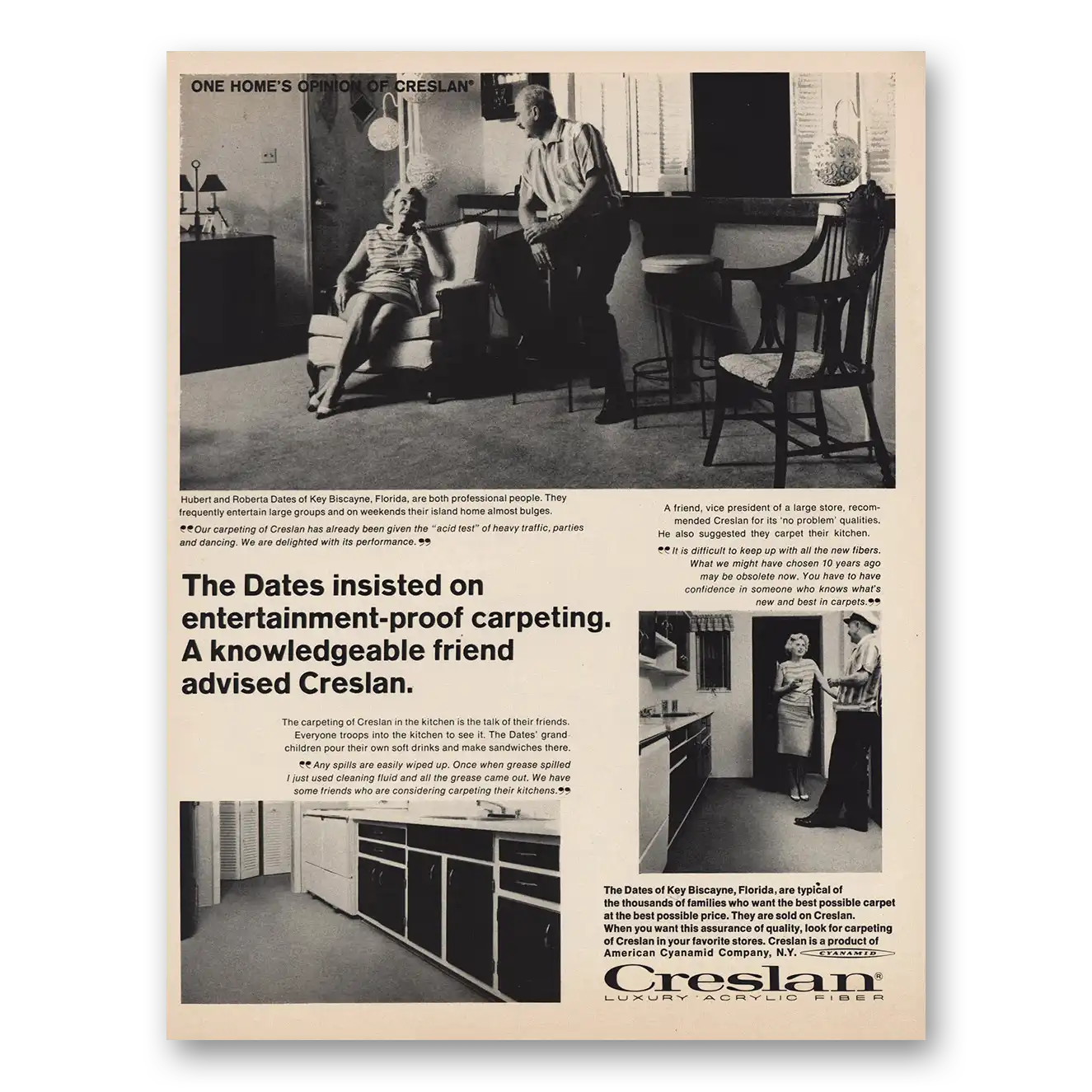 1966 Creslan Dates Entertainment Proof Carpeting Vintage Magazine Print Ad