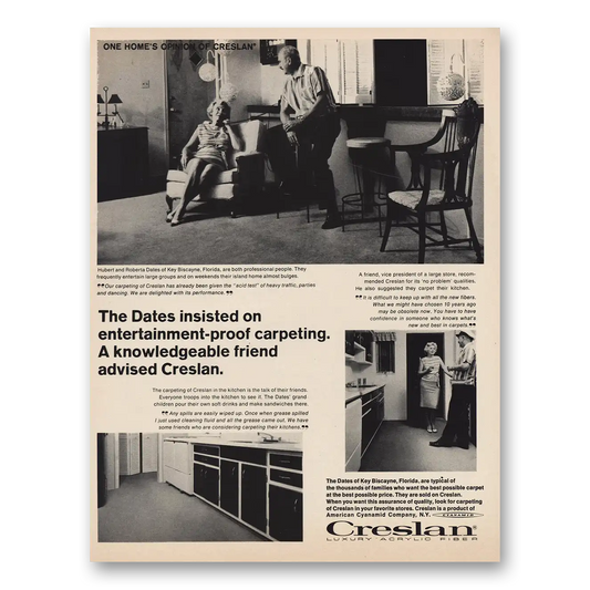 1966 Creslan Dates Entertainment Proof Carpeting Vintage Magazine Print Ad