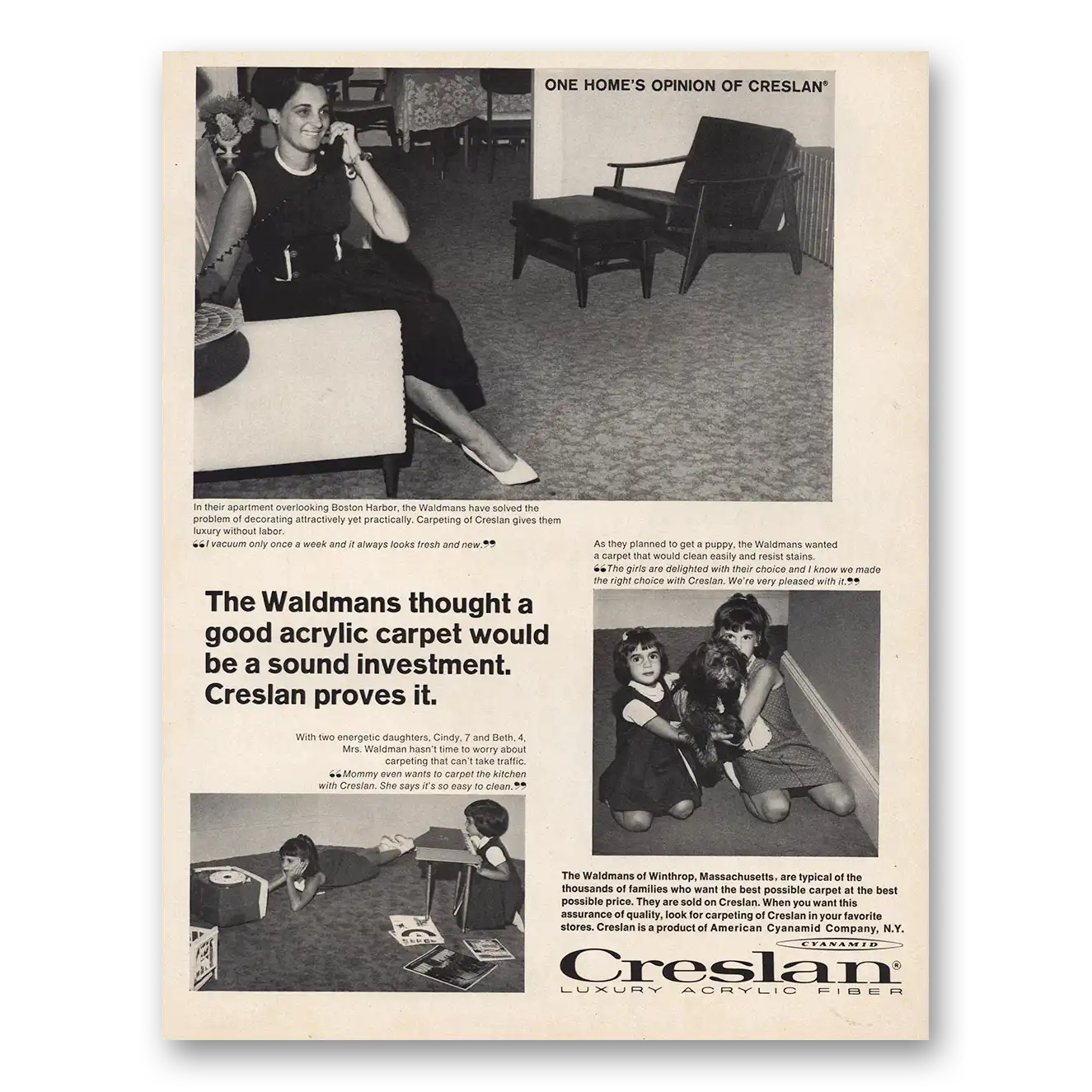 1966 Creslan Fiber Waldmans Thought Good Acrylic Carpet Vintage Magazine Print Ad