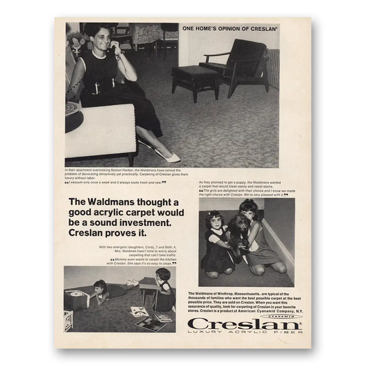 1966 Creslan Fiber Waldmans Thought Good Acrylic Carpet Vintage Magazine Print Ad