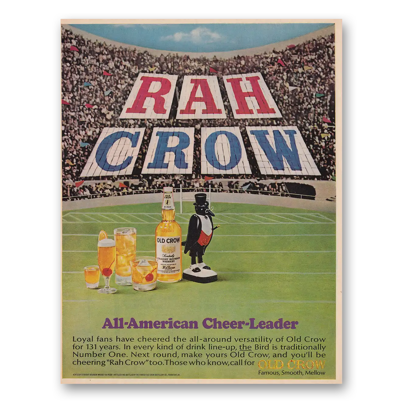 1966 Old Crow Whiskey Rah Crow All American Cheerleader Vintage Magazine Print Ad