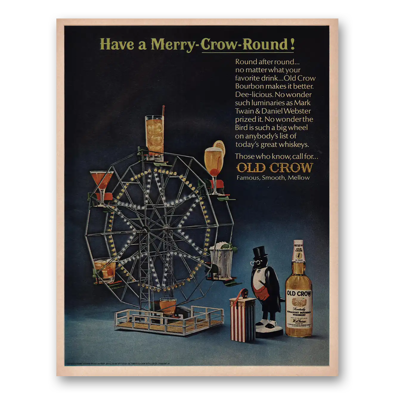 1966 Old Crow Whiskey Merry Crow Round Vintage Magazine Print Ad