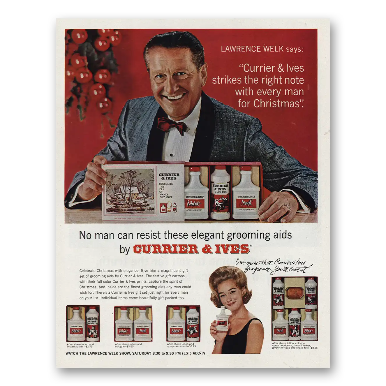 1966 Currier & Ives Lawrence Welk Christmas Vintage Magazine Print Ad