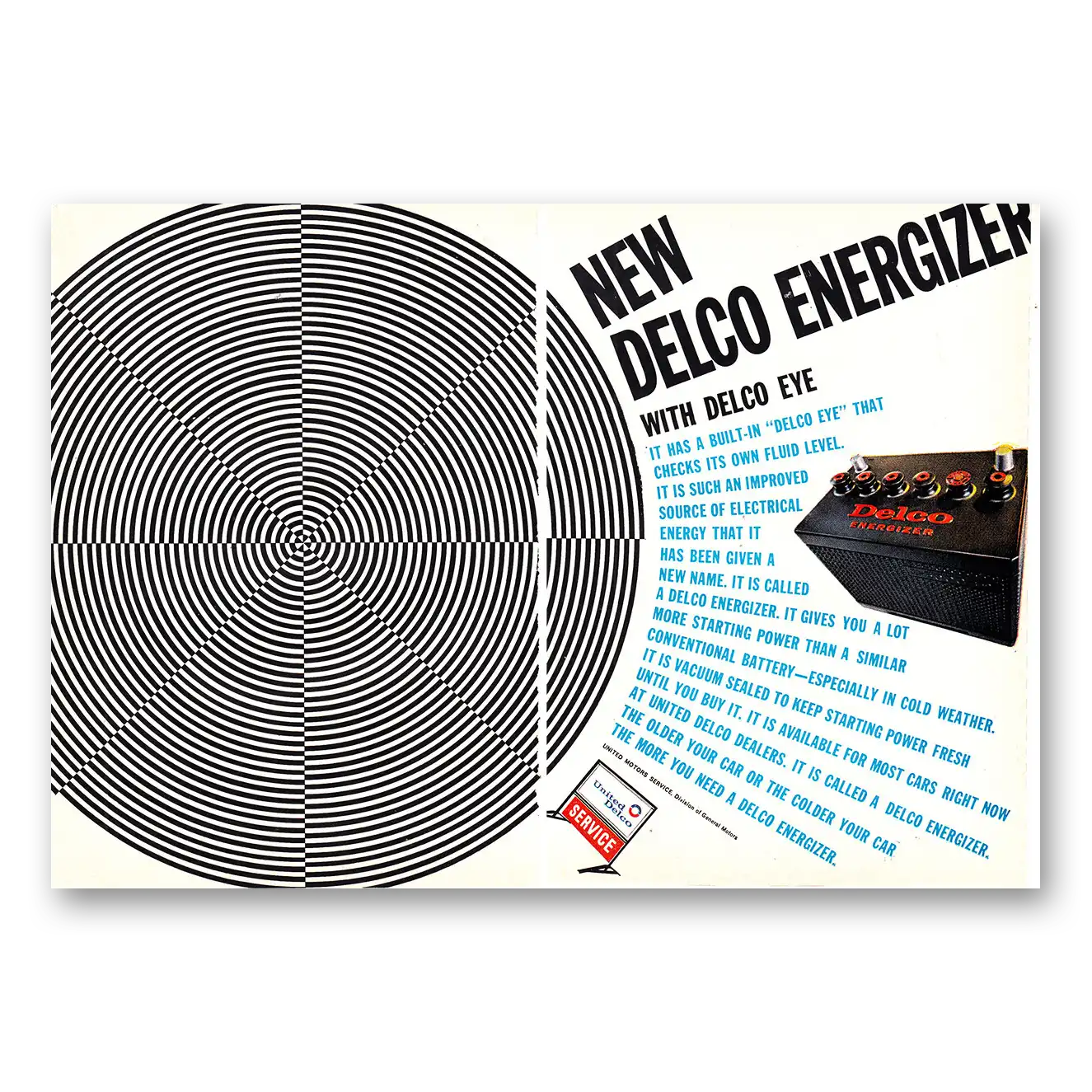 1966 Delco Batteries Energizer Battery Delco Eye Checks Its Own Fluid Level Vintage Magazine Print Ad