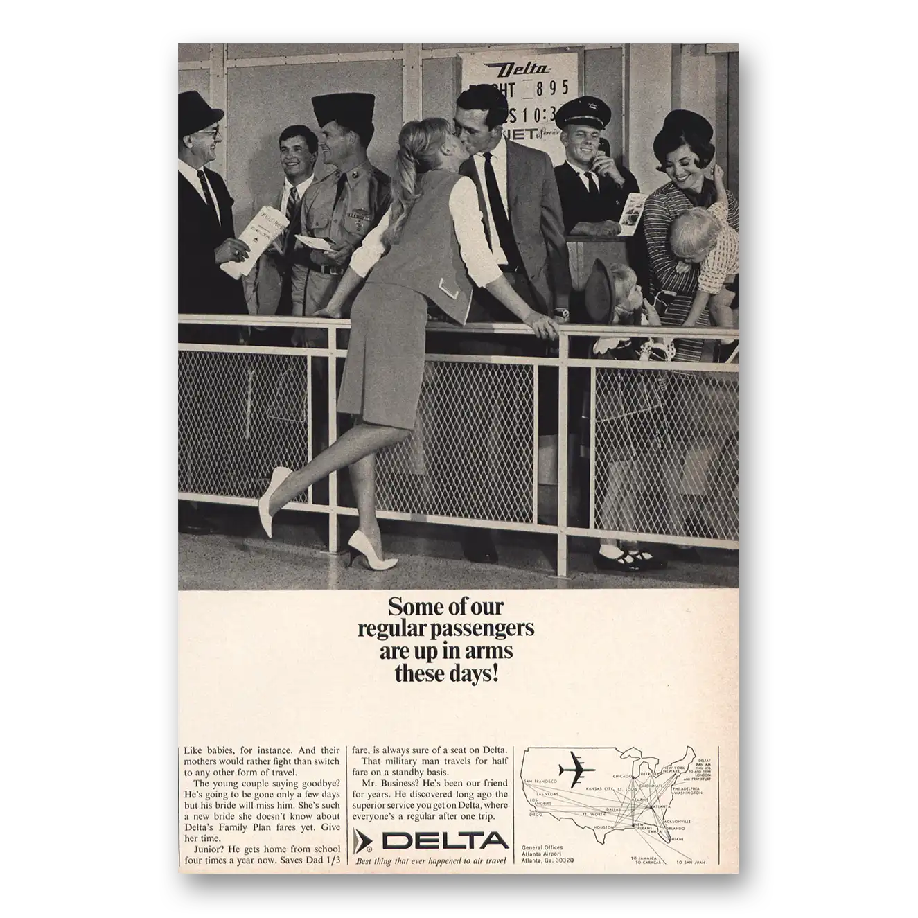 1966 Delta Air Lines Regular Passengers Up In Arms Vintage Magazine Print Ad