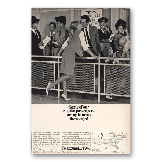 1966 Delta Air Lines Regular Passengers Up In Arms Vintage Magazine Print Ad