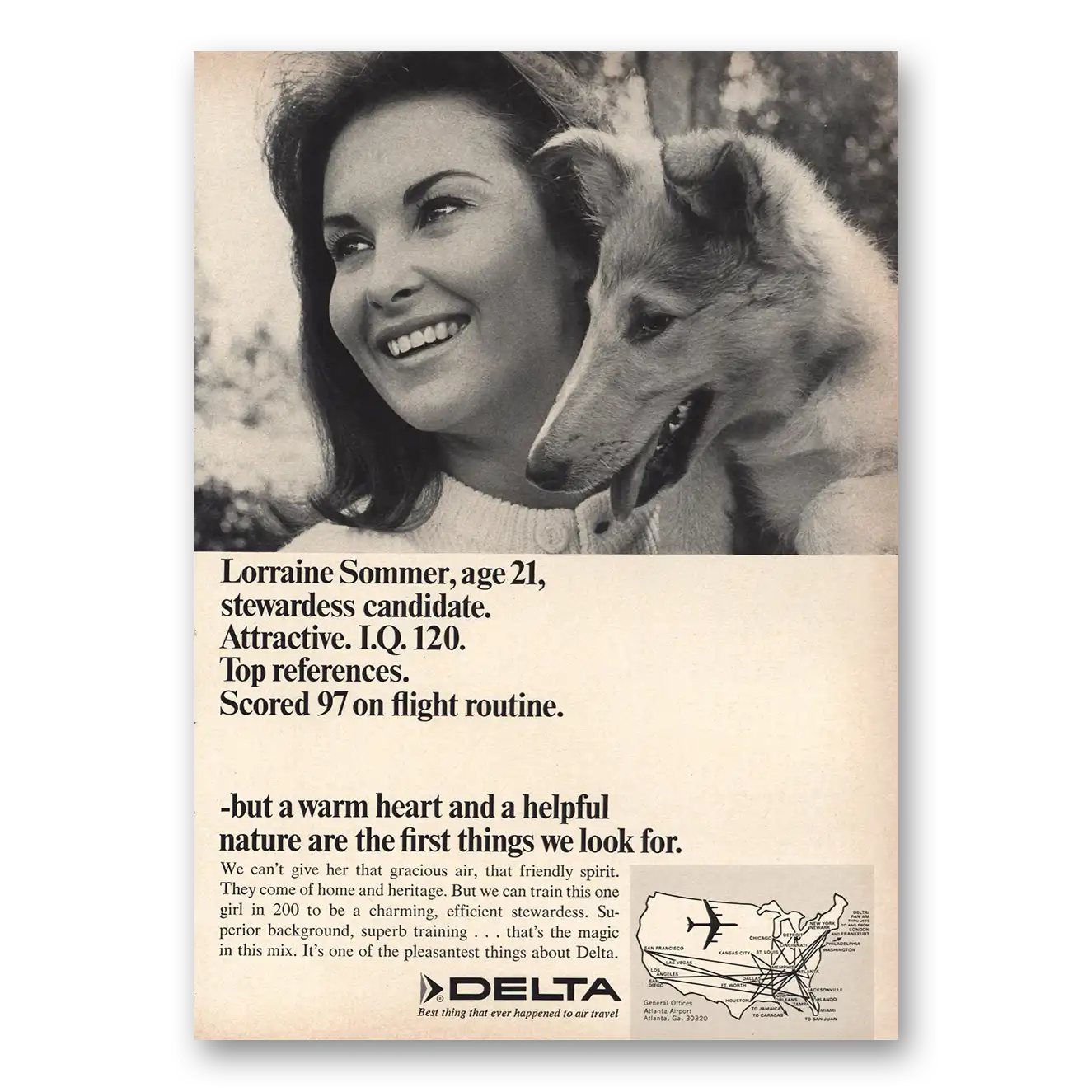 1966 Delta Air Lines Lorraine Sommer Stewardess Vintage Magazine Print Ad