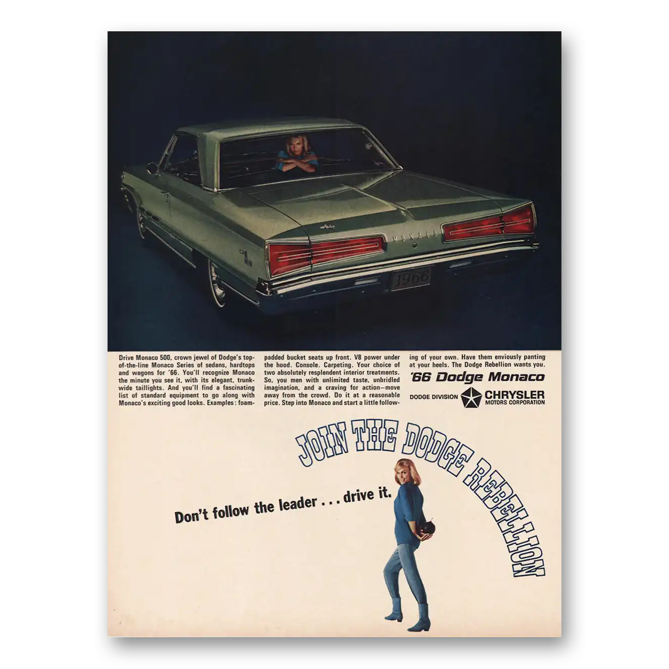 1966 Dodge Monaco Join the Dodge Rebellion Vintage Magazine Print Ad