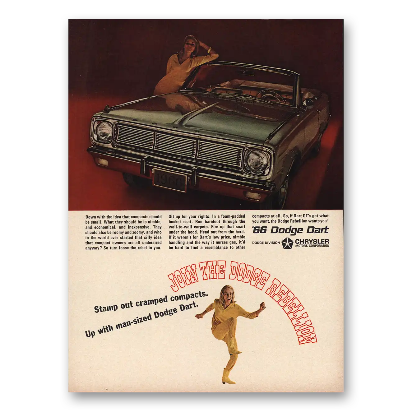 1966 Dodge Dart Stamp Out Cramped Compacts Vintage Magazine Print Ad