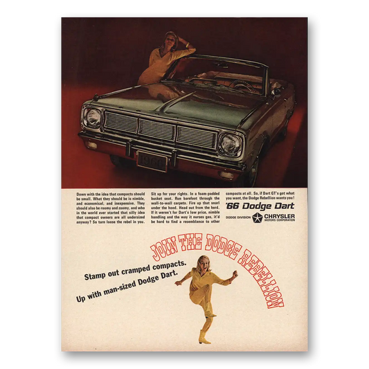 1966 Dodge Dart Stamp Out Cramped Compacts Vintage Magazine Print Ad