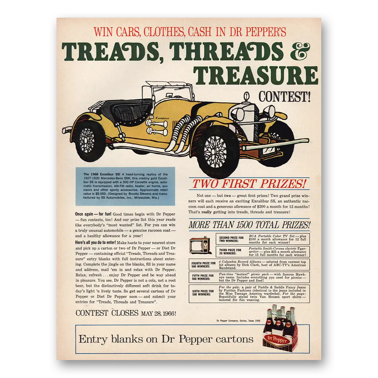 1966 Dr Pepper Treads Threads Treasure Contest Vintage Magazine Print Ad