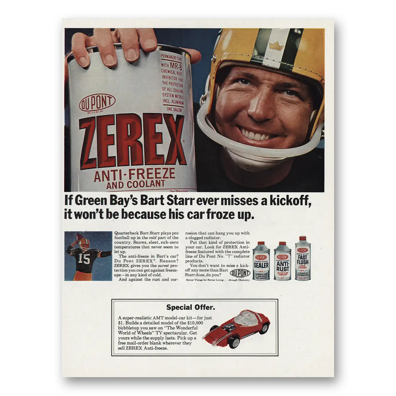 1966 DuPont Zerex Green Bays Bart Starr Vintage Magazine Print Ad