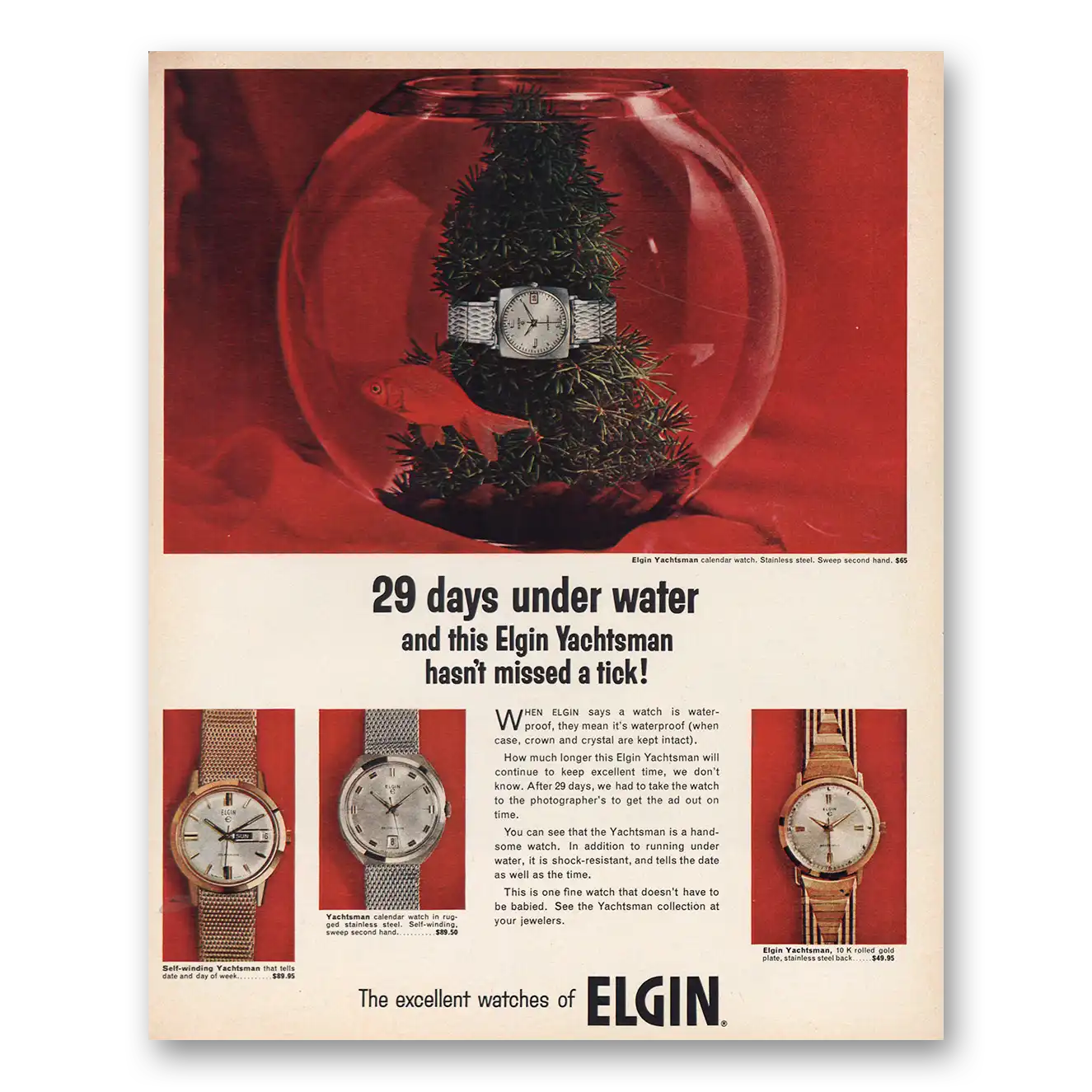 1966 Elgin Watch 29 Days Under Water Yachtsman Vintage Magazine Print Ad