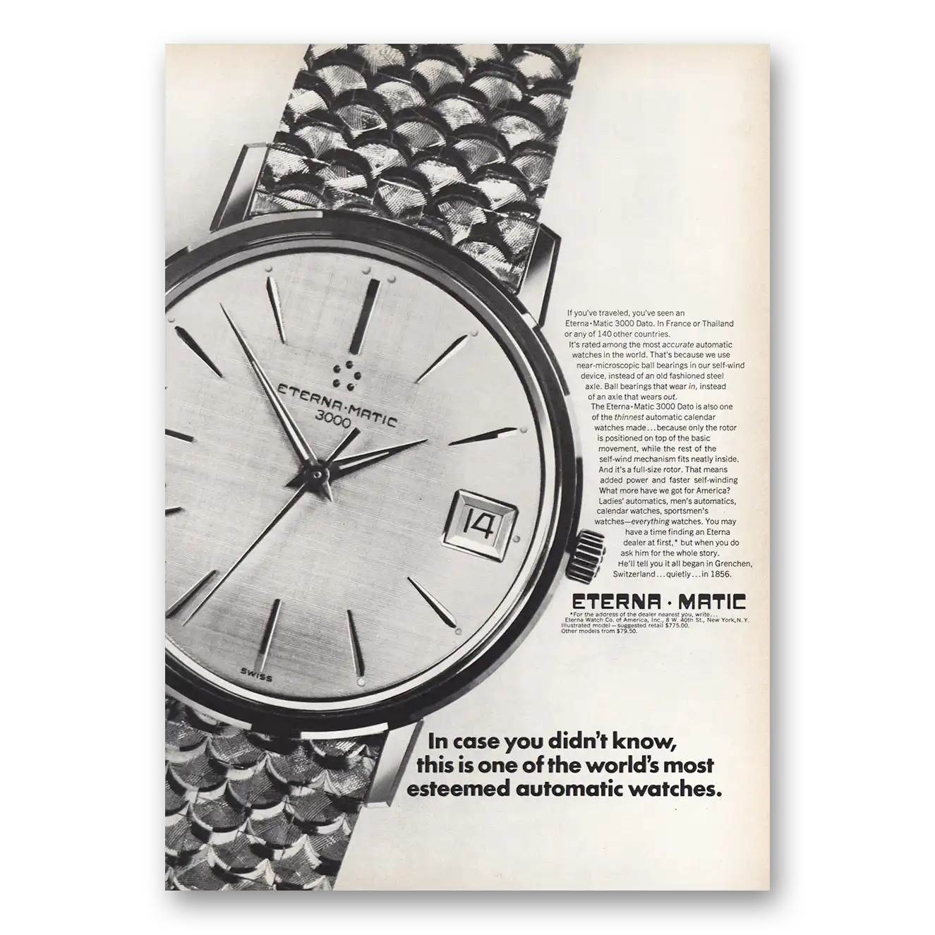 1966 Eterna Watch In Case You Didn’t Know Vintage Magazine Print Ad