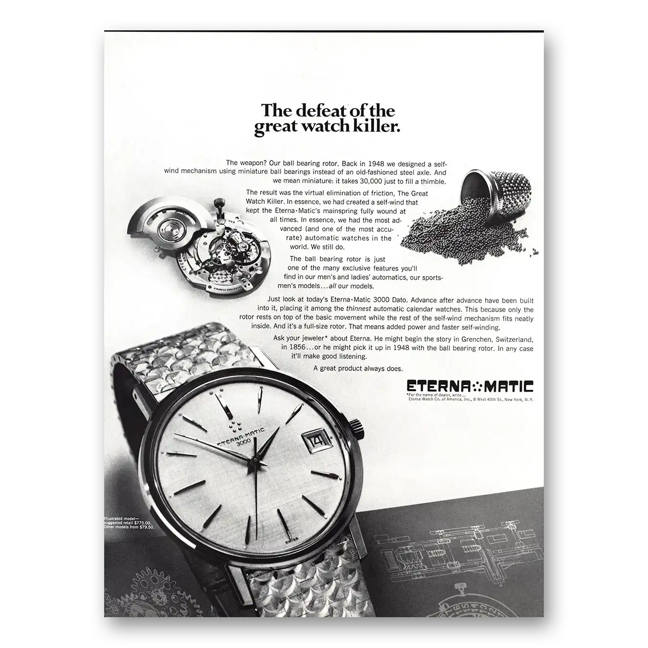 1966 Eterna Watch Externa Matic Defeat of the Great Watch Killer Vintage Magazine Print Ad