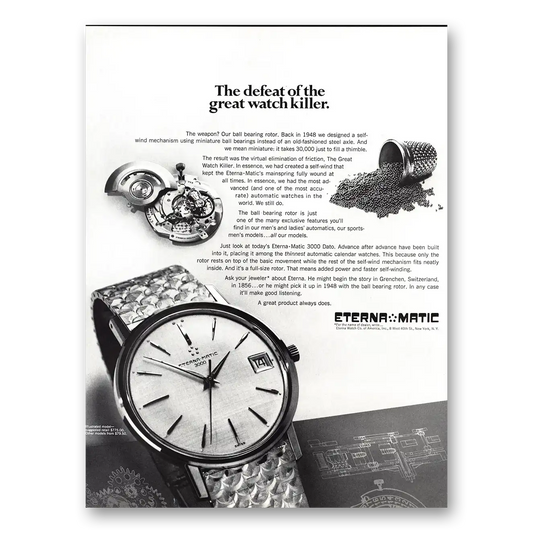 1966 Eterna Watch Externa Matic Defeat of the Great Watch Killer Vintage Magazine Print Ad