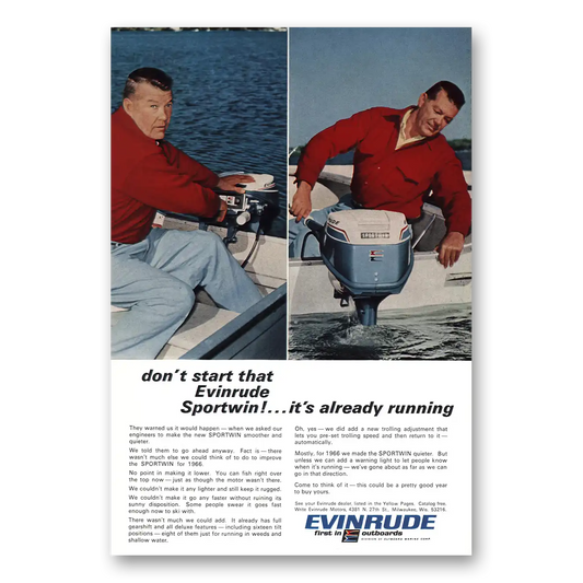 1966 Evinrude Sportwin Already Running Vintage Magazine Print Ad