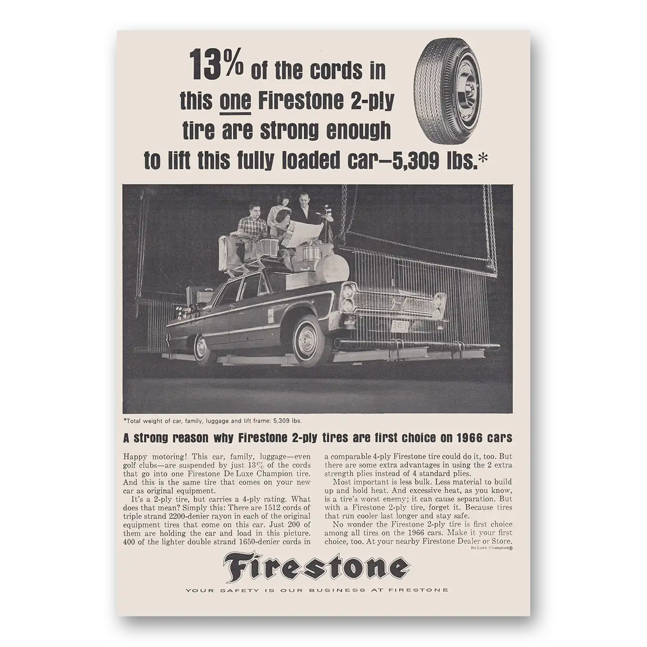 1966 Firestone Tires Strong Enough to Lift This Fully Loaded Car Vintage Magazine Print Ad