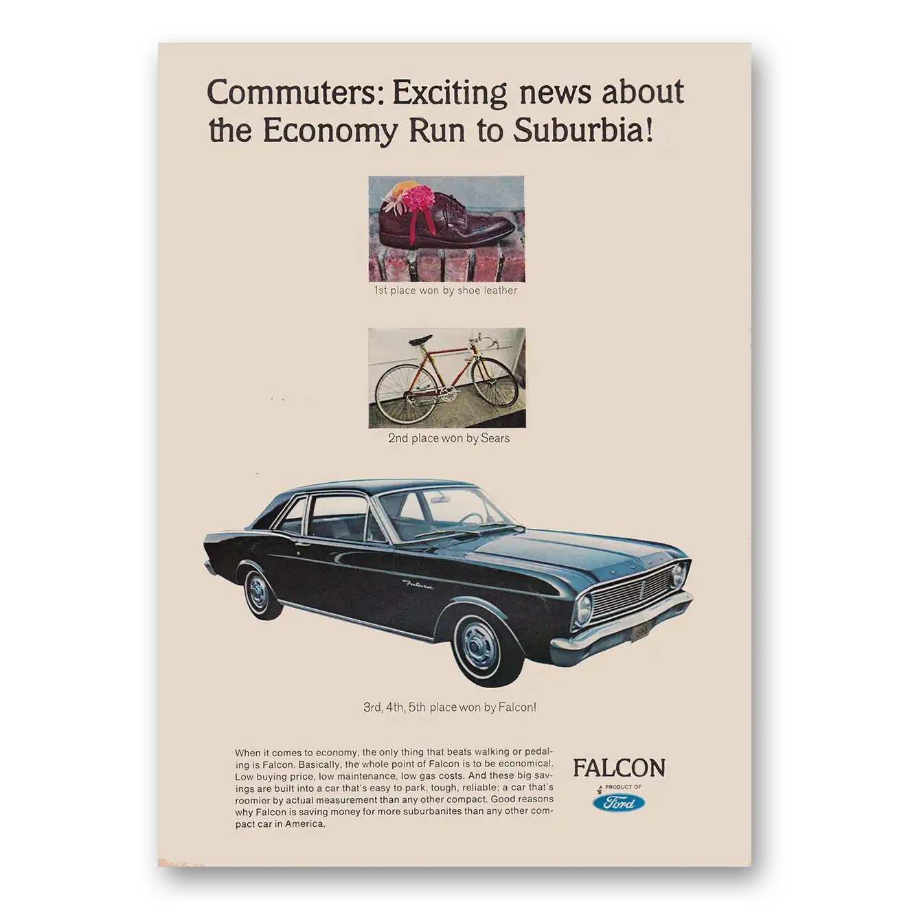 1966 Ford Falcon Commuters Exciting News About the Economy Run to Suburbia Vintage Magazine Print Ad