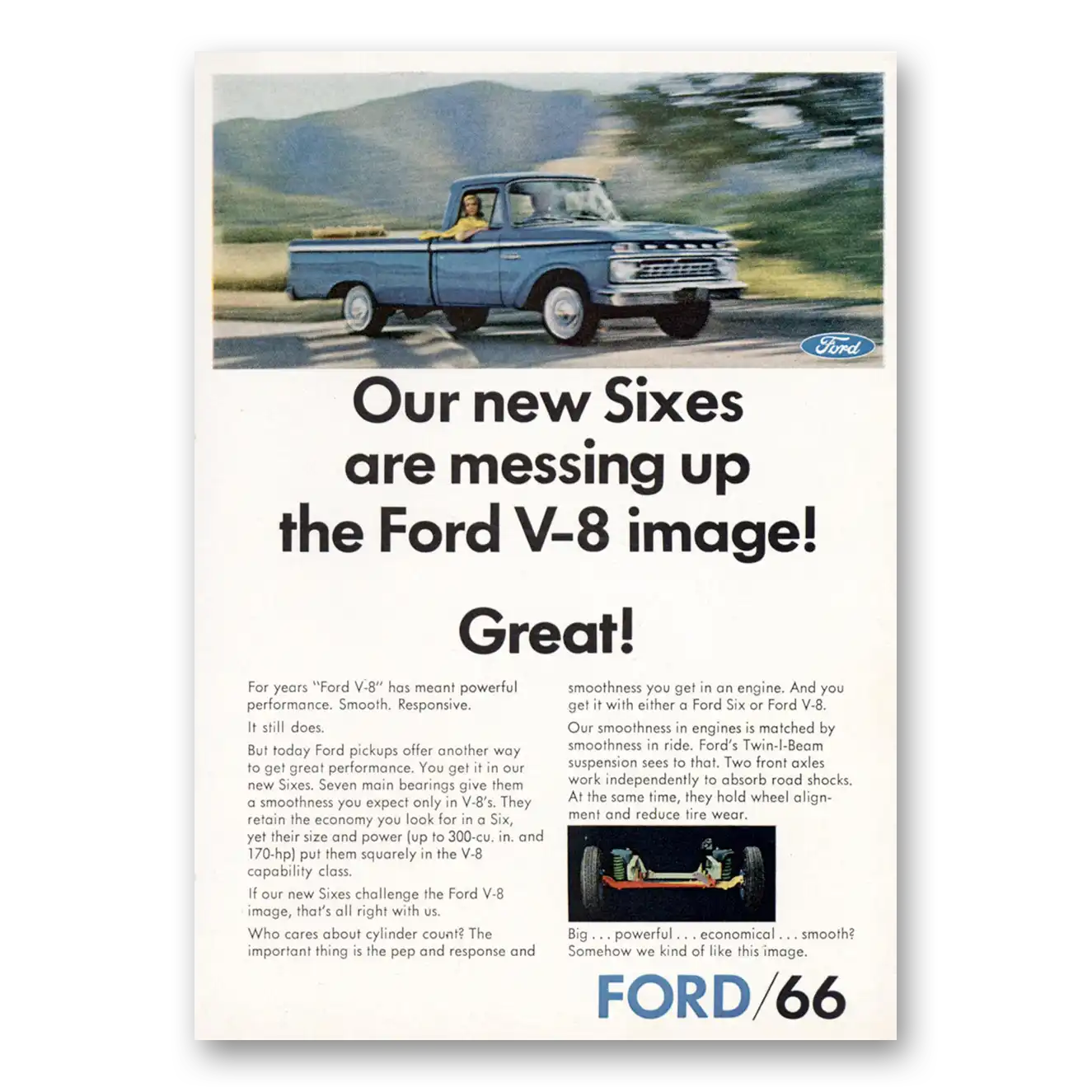 1966 Ford Pickup Our New Sixes Are Messing Up the Ford V8 Image Vintage Magazine Print Ad