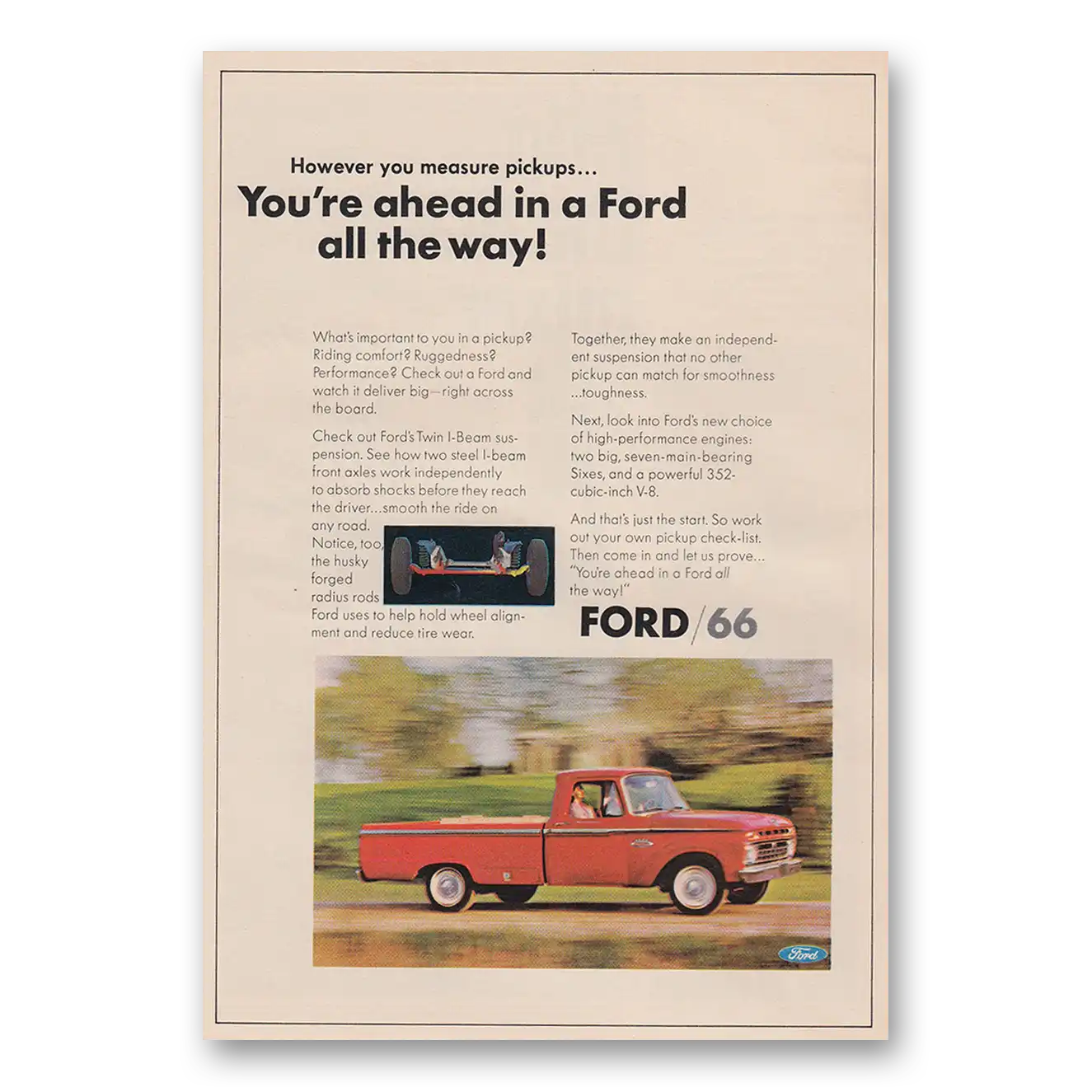 1966 Ford Pickup Ahead In a Ford Vintage Magazine Print Ad