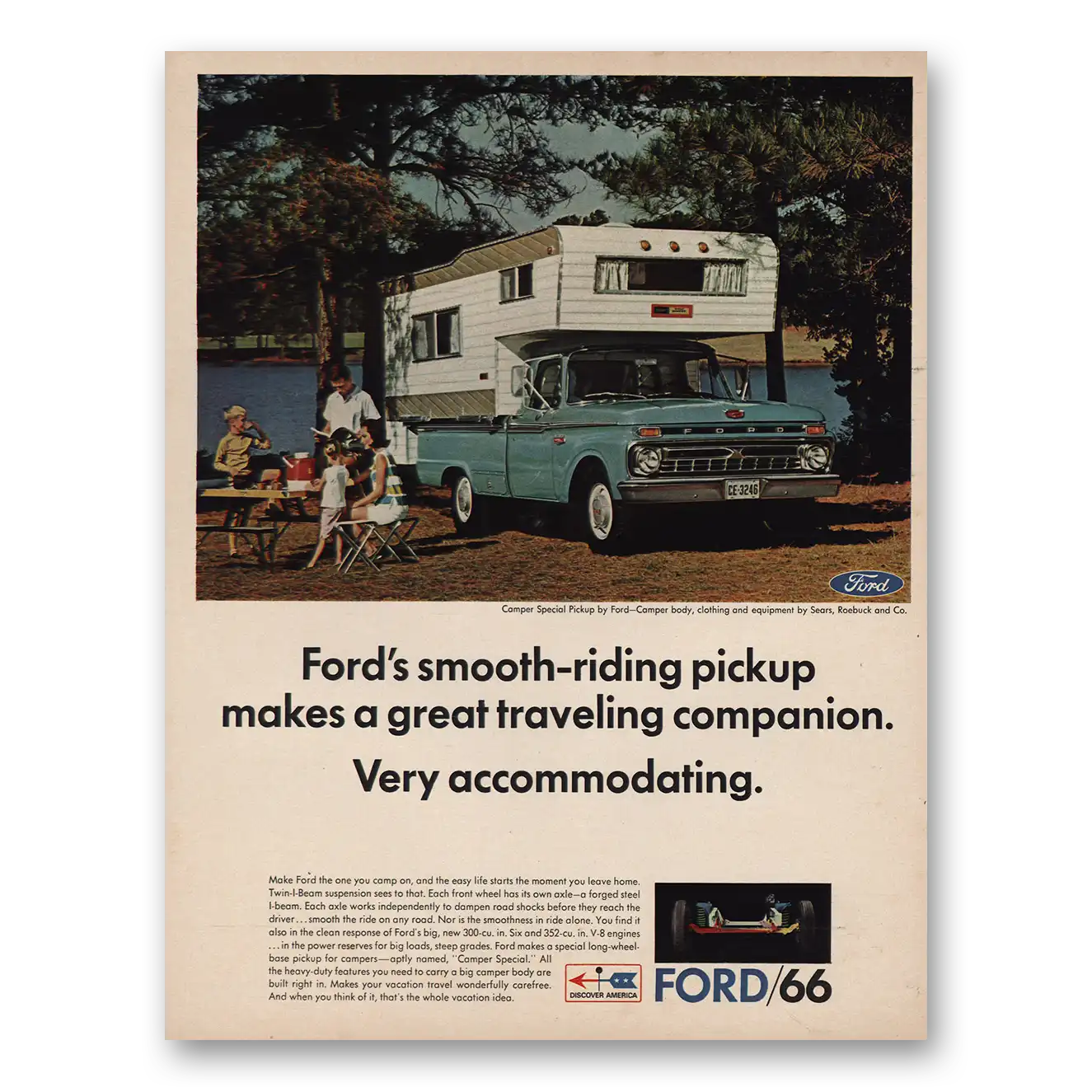 1966 Ford Camper Smooth Riding Pickups Traveling Companion Vintage Magazine Print Ad