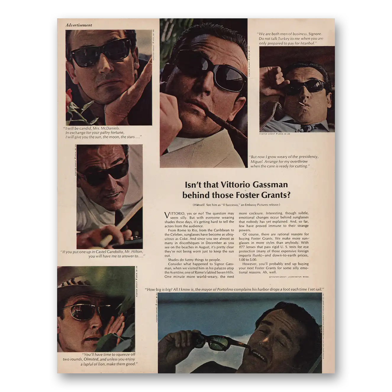 1966 Foster Grant Isn't That Vittorio Gassman Vintage Magazine Print Ad